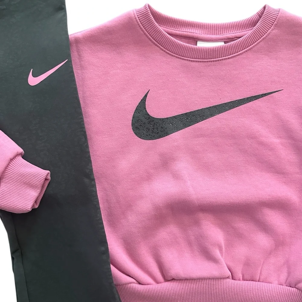 Nike Pink Crewneck Sweatshirt & Green Leopard Flare Pants Set Girls 4 NWT